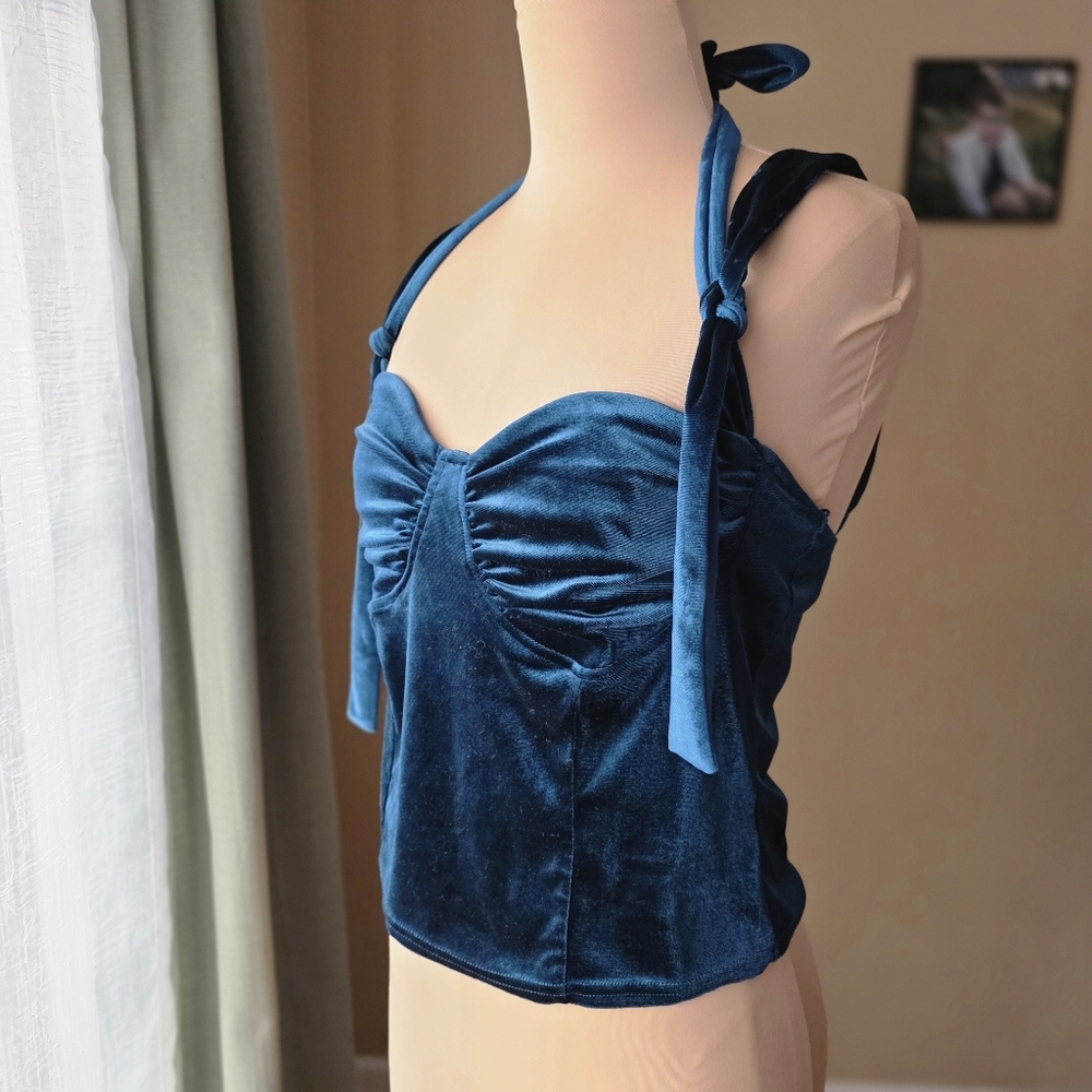 Teal Velvet Cami Corset Tank Top Adjustable Tie Straps If By Sea Women's Large - Picture 4 of 13